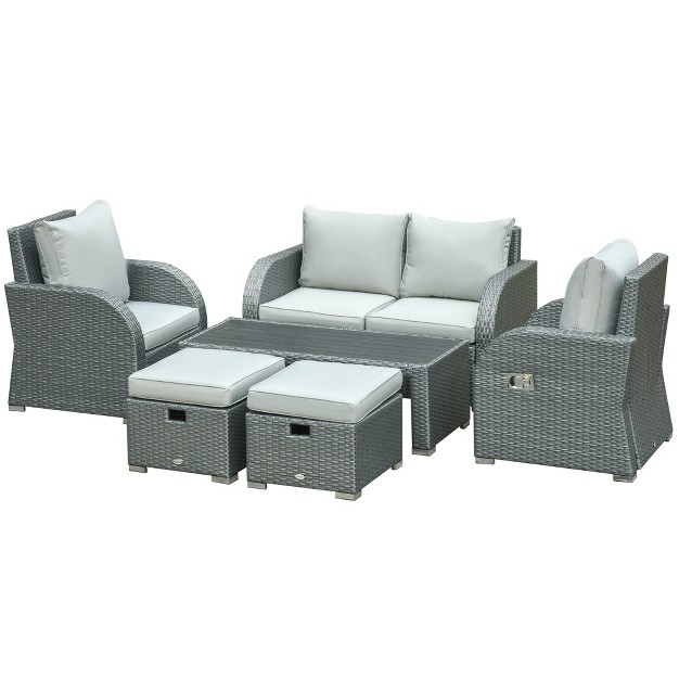 Outsunny 6 pcs Patio Furniture Sets Outdoor Wicker Sofa Set Rattan Recline Single Chair Conversation Set Ottomans Table Cushions