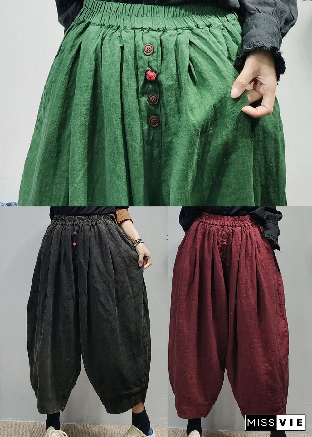 Loose Black elastic waist Linen harem Pants Spring