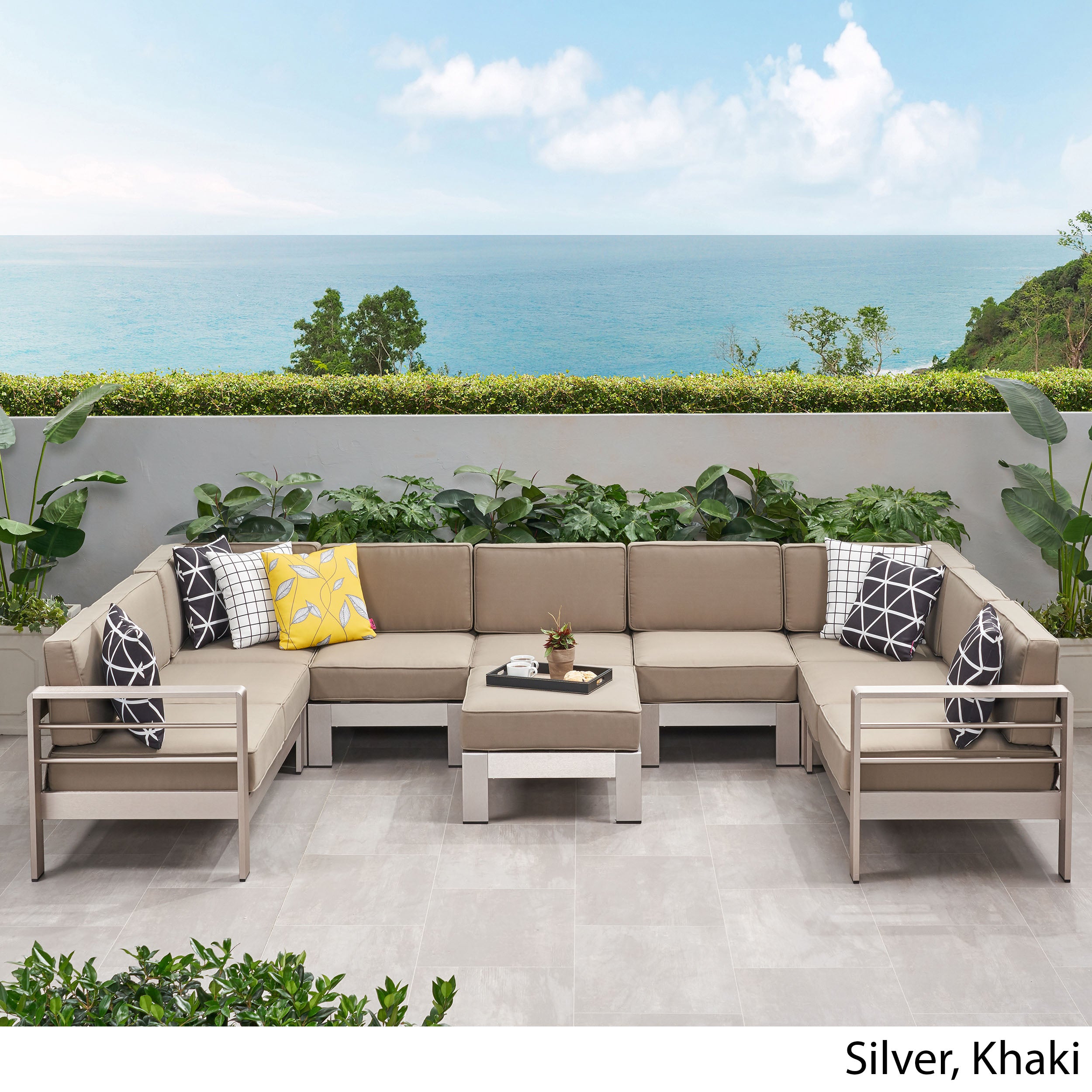 Laura Outdoor Modern 9 Seater Aluminum U-Shaped Sofa Sectional Set with Ottoman, Silver and Khaki