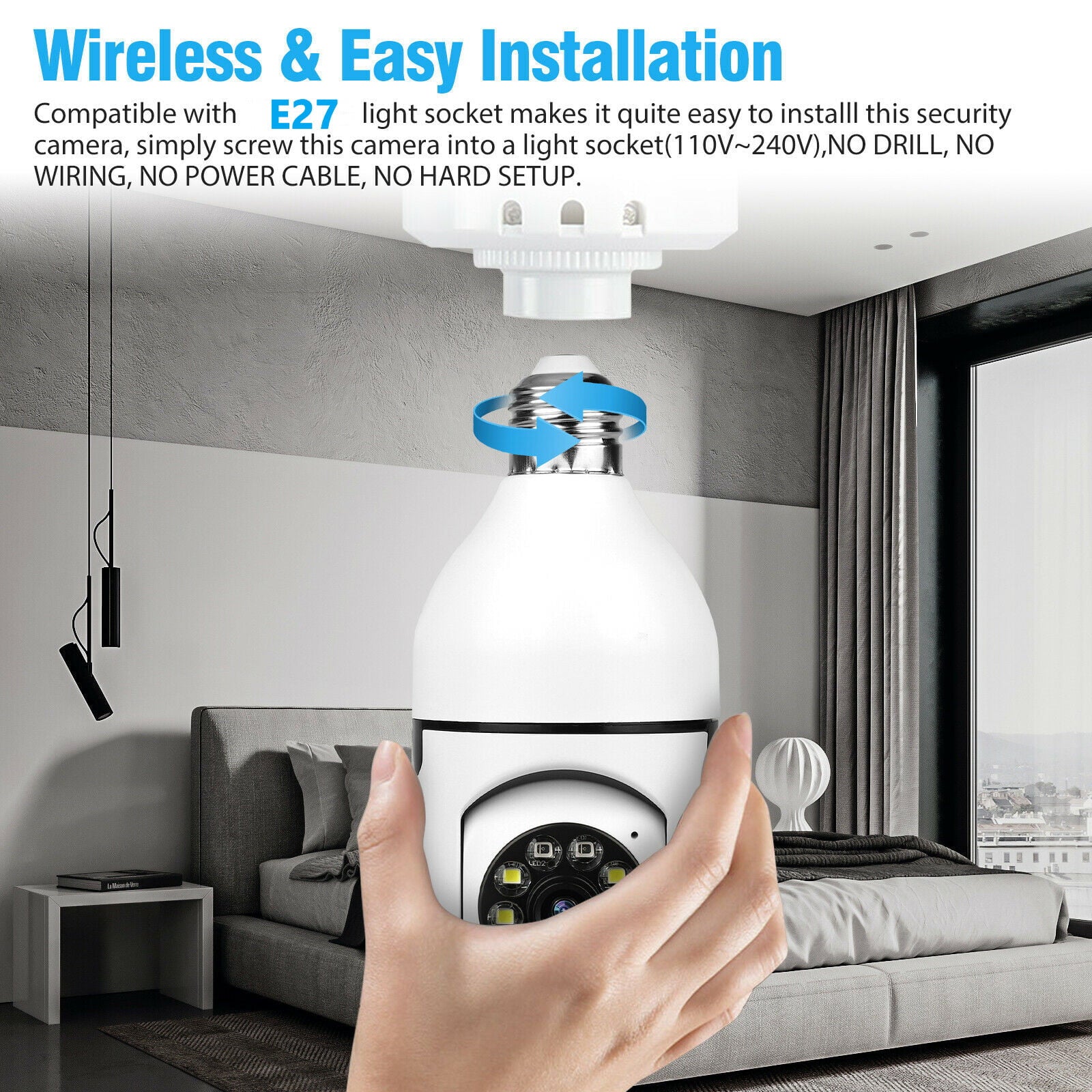 E27 Light Bulb Camera 1080P HD， Outdoor 360 Degree Light Bulb Camera， Wi-Fi Wireless Outdoor Light Bulb Camera with Night Vision for Home Surveillance， Smart Motion Detection，Supports 2.4GHz