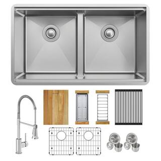 Elkay Crosstown 18-Gauge Stainless Steel 31.5 in Double Bowl Undermount Workstation Kitchen Sink with Aqua Divide and Faucet ECTRUA31169TFCW