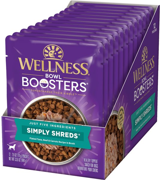 Wellness Bowl Boosters Simply Shreds Tuna， Beef and Carrots Natural Grain Free Wet Dog Food Mixer or Topper， 2.8-oz pouch， case of 12