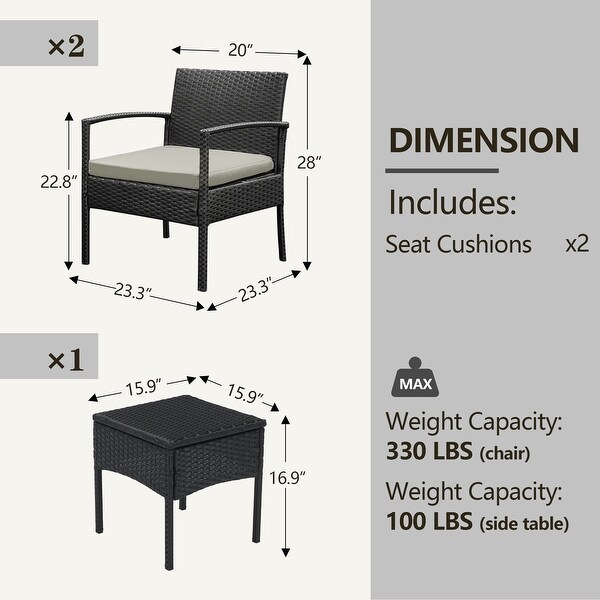 Outdoor Furniture 3 Piece Patio Bistro Furniture Set，Rattan Conversation Chairs Set with Side Table and Cushions