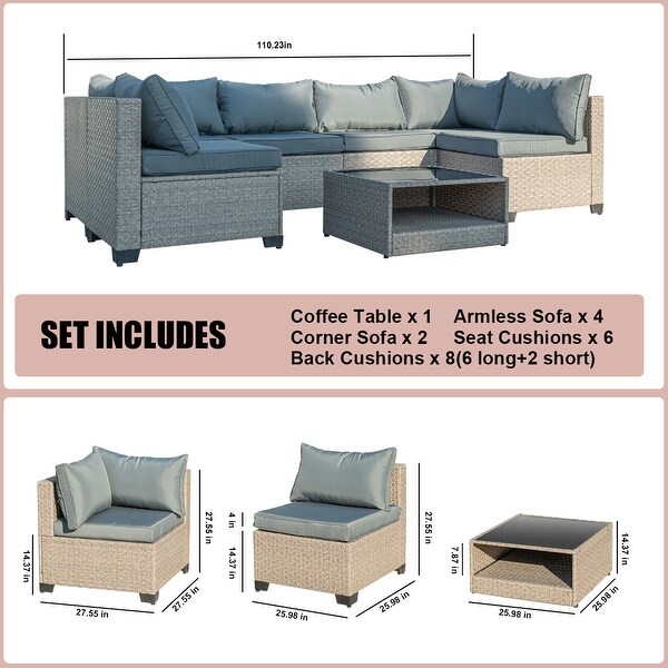 7Piece Patio Outdoor AllWeather Furniture Set Sectional Sofa Set with Water Resistant And Thick Cushions And Table