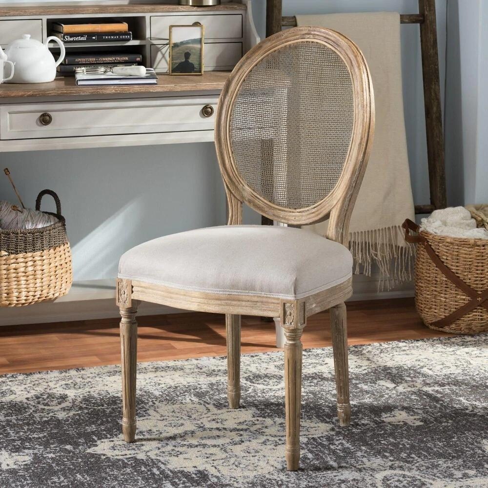 French Chic Vintage Style Dining Side Chair With Upholstered Linen Welted Fabric And Elegant Natural Rustic Wood Frame