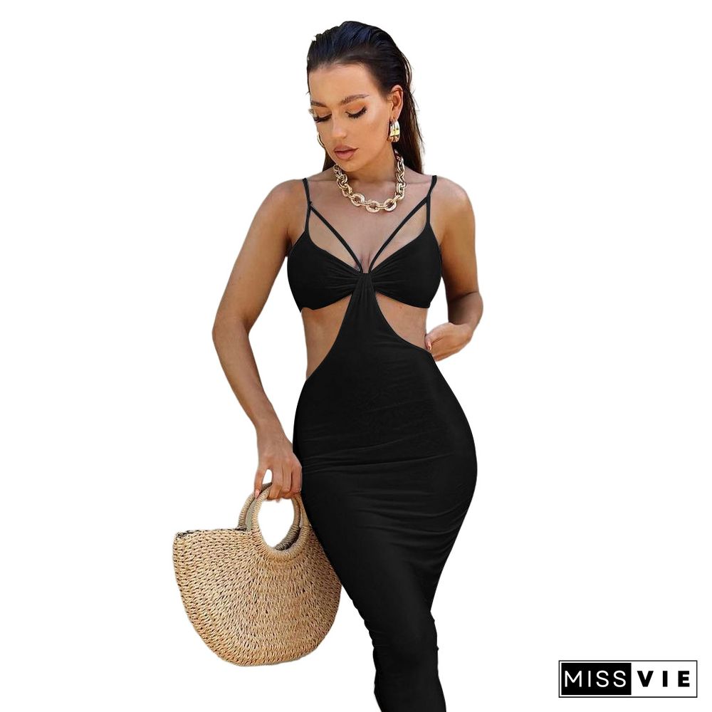 Summer Women Sexy Solid Color Spaghetti Strap V-Neck Hollow Out Backless Skinny Club Party Maxi Dress