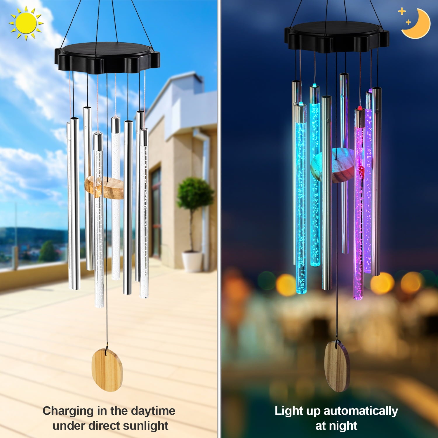 Solar Wind Chimes Changing Colors， Waterproof LED Wind Chimes for Outside with 8 Tubes， Solar Powered Memorial Wind Chimes with Lights， Housewarming Gifts for Garden Patio Yard Home Decor