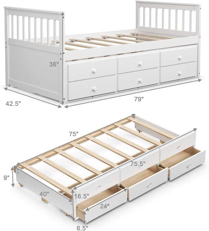 Full Captain's Bed with Trundle Bed & 3 Storage Drawers, Wooden Platform Storage Daybed for Kids Guests Sleepovers