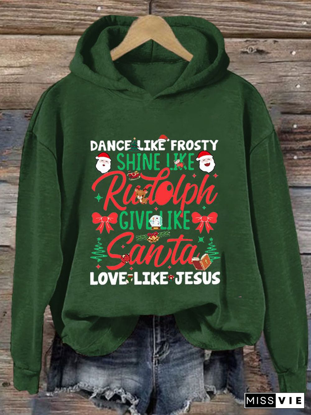 Women'S Dance Like Frosty, Shine Like Rudolph, Give Like Santa Love Like Jesus Christmas Casual Printed Long-Sleeved Hooded Sweatshirt