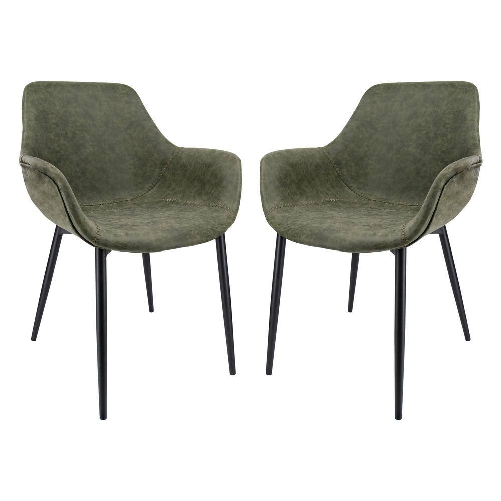 Leisuremod Markley Olive Green Modern Leather Dining Arm Chair with Black Metal Legs (Set of 2) EC26G2