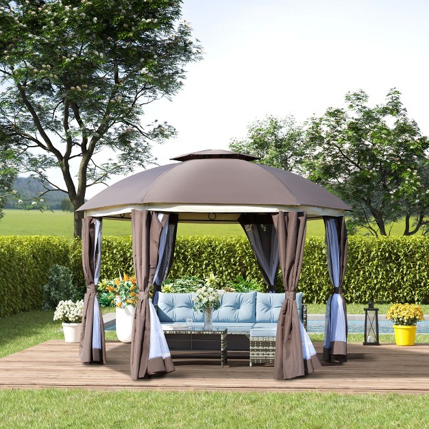 Outsunny 12 x27 X 12 x27 Round Outdoor Gazebo Patio Dome Gazebo Canopy Shelter With Double Roof Netting Sidewalls And Curtains Zippered Doors Strong Steel Frame