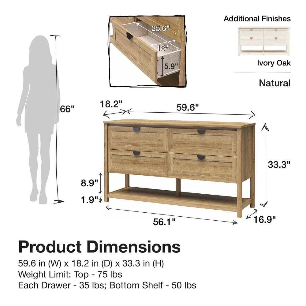 Mr. Kate Primrose Wide 4 Drawer Dresser with Shelf  Ivory Oak