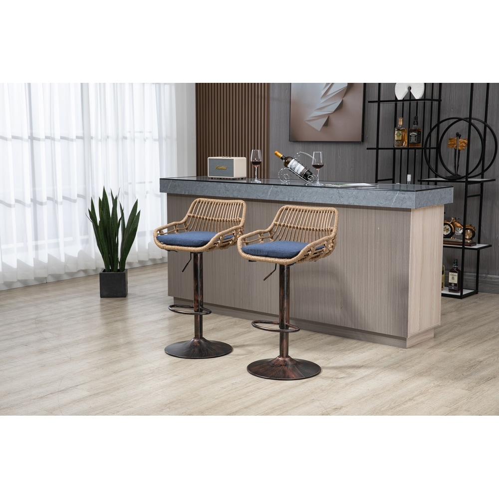 2pcs Swivel Bar Stools Adjustable Counter Height Chairs with Rattan Back and Footrest for Kitchen Island Dining Chair  Blue