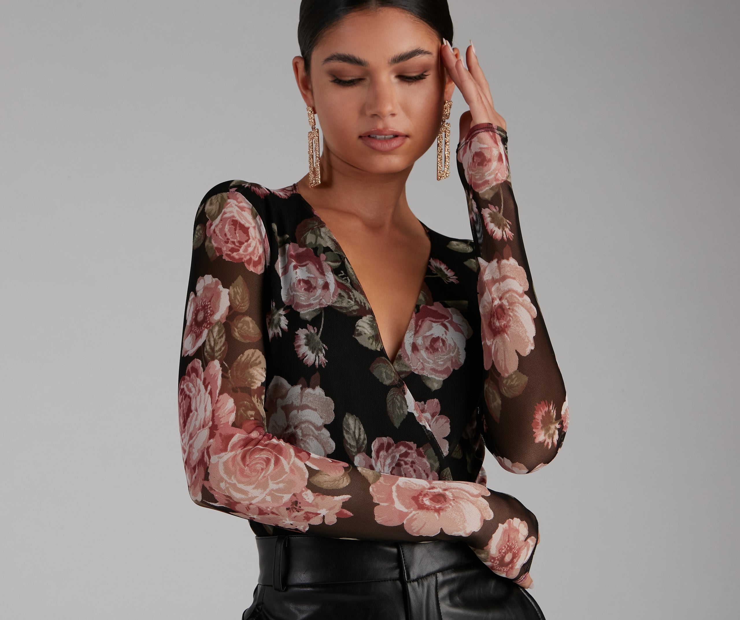 Autumn Roses Plunge Surplice Mesh Bodysuit