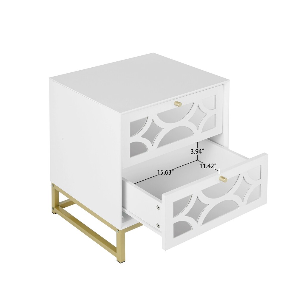 White Mirrored Nightstand with Gold Legs  2 Drawer Small Bedside Table  Side Table with Storage for Bedroom  Living Room