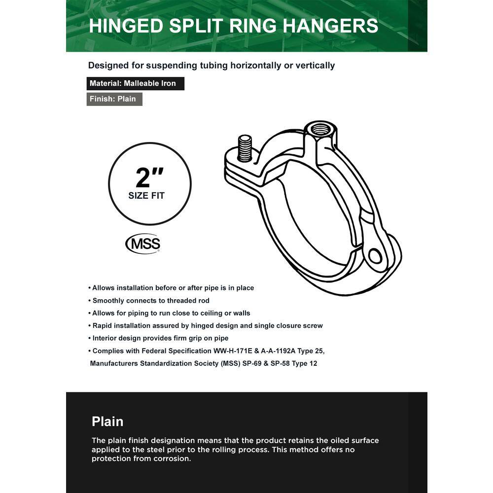 The Plumber's Choice 2 in. Hinged Split Ring Pipe Hanger in Uncoated Malleable Iron 02HSHB