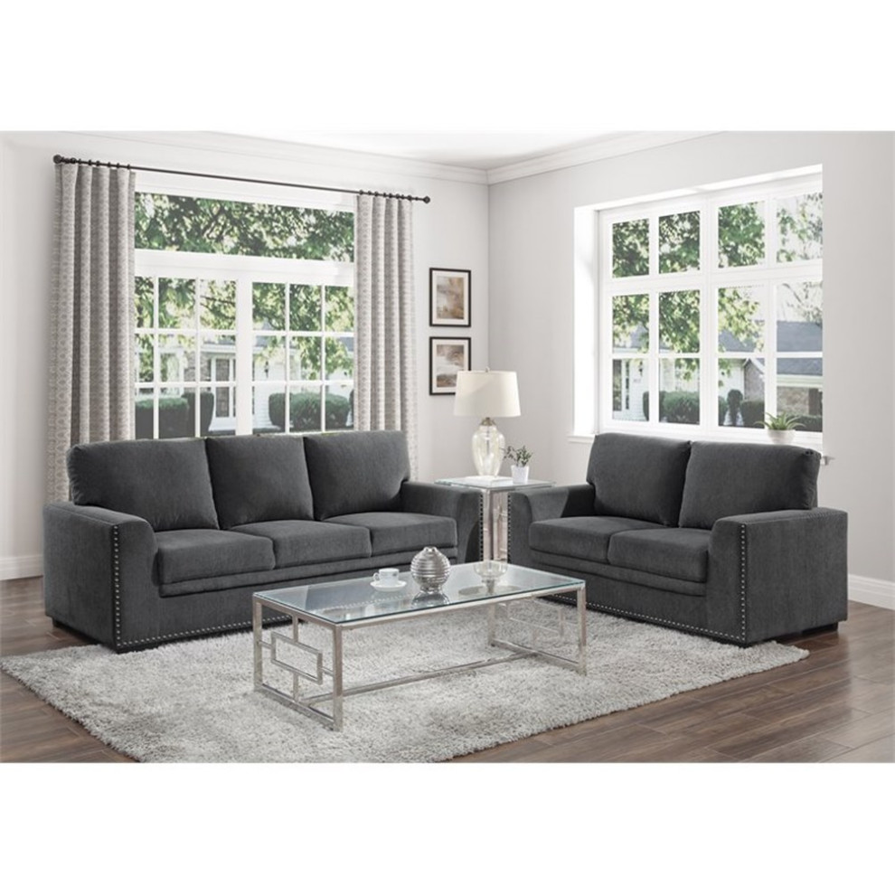 Pemberly Row 62 quotChenille Loveseat with Nailhead in Dark Gray   Transitional   Loveseats   by Homesquare  Houzz