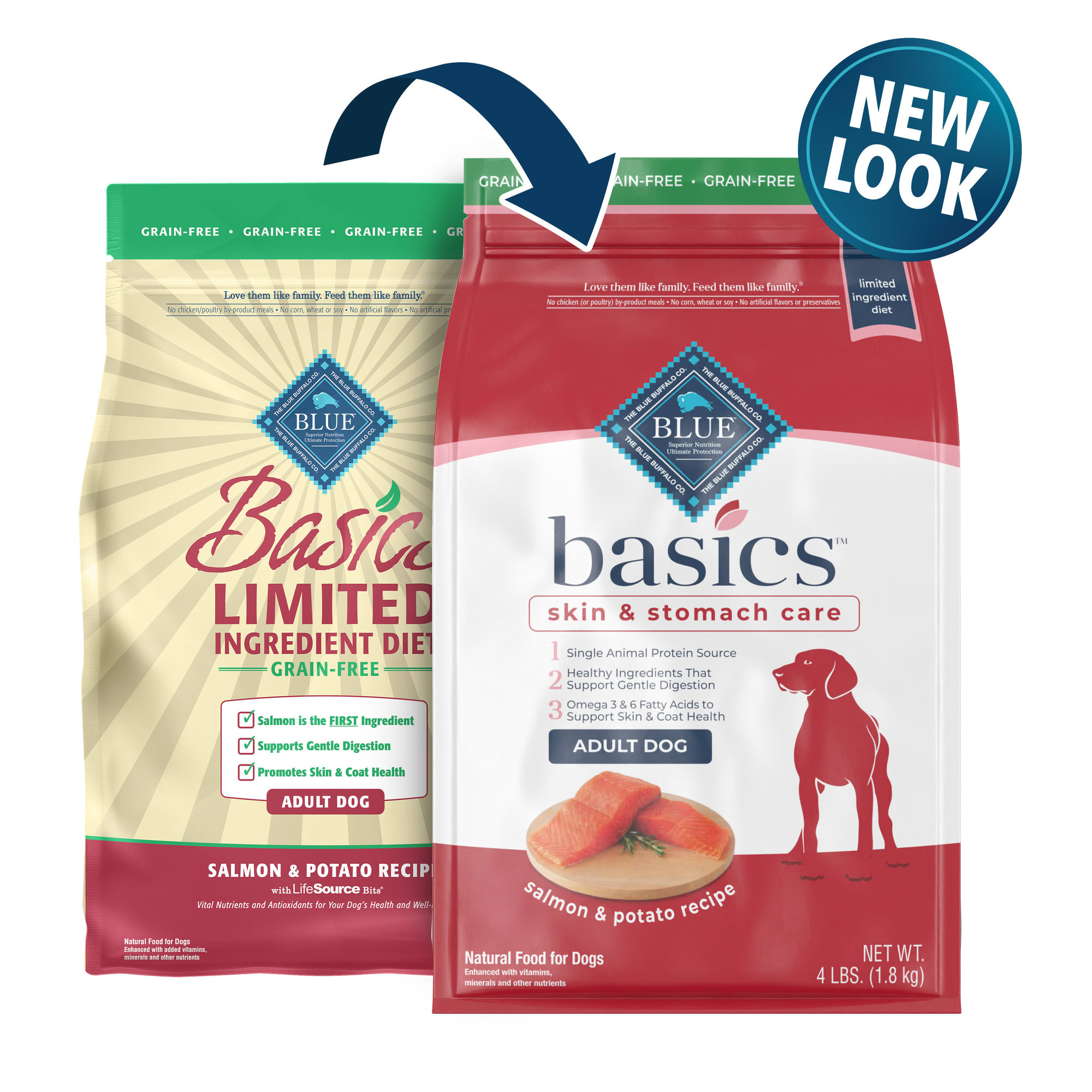 BLUE BUFFALO Blue Basics Skin amp; Stomach Care Natural Adult Grain Free Salmon amp; Potato Dry Dog Food， 22 lbs.