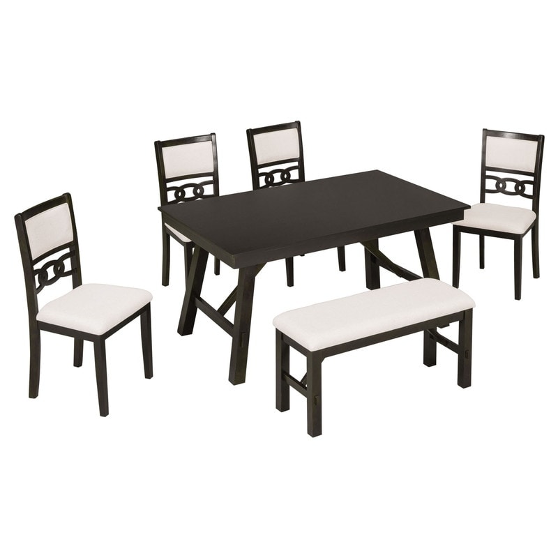 Solid Wood 6 Piece Dining Table Set Rectangular with Upholstered Chairs and Bench