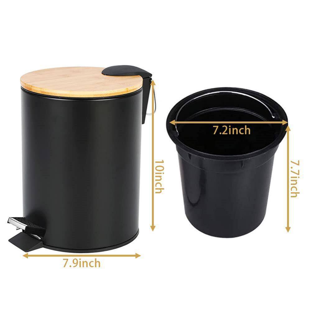 Dracelo 5 Liter Round Metal Trash Can with Bamboo Lid and Pedal and Removable Inner Wastebasket in Black B08N3XCR3B