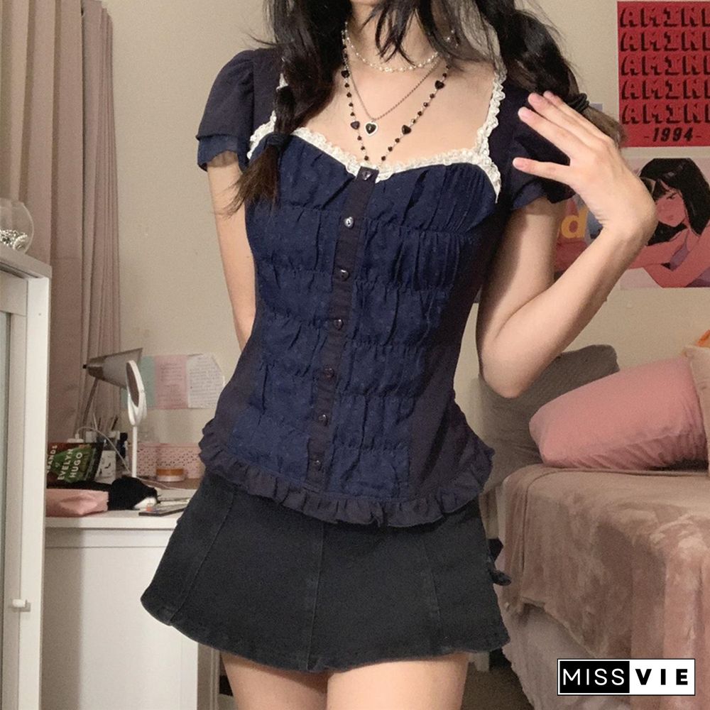 Sweet Women Button Up T Shirt Fairy Grunge Lace Patchwork Ruffled Trim Summer Pleated Short Sleeve Tops Cute Streetwear