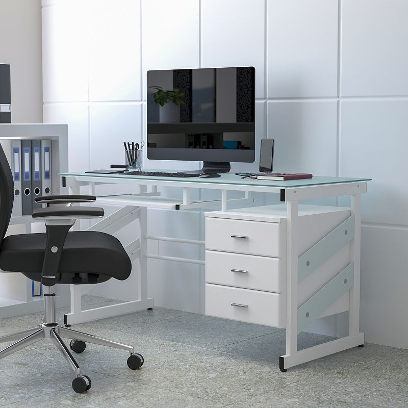 Emma and Oliver White Computer Desk with Frosted Glass Top and Three Drawer Pedestal