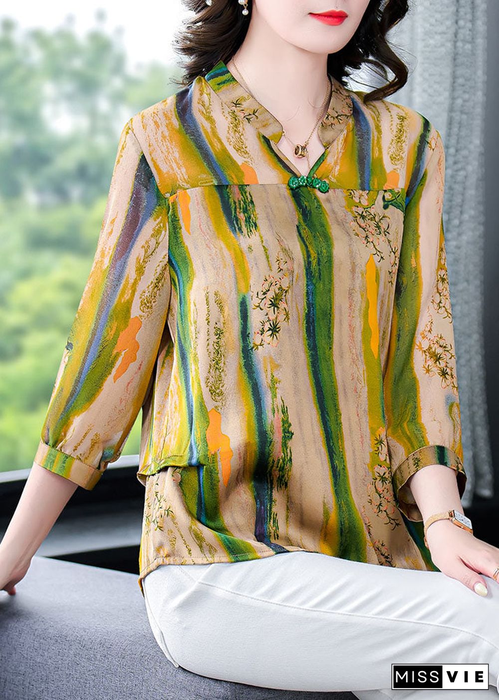 Vintage Yellow V Neck Print Patchwork Silk Shirt Tops Bracelet Sleeve