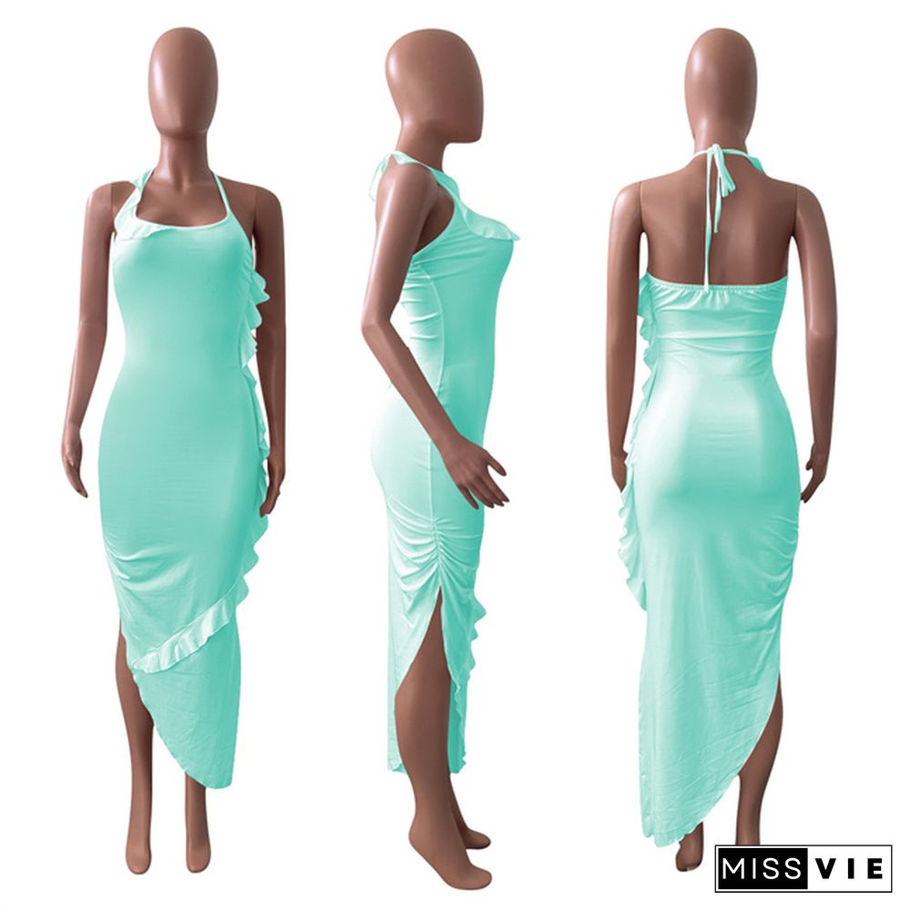 Elegant Solid Color Ruffles Women Summer Sexy Asymmetric Night Club Halter Bodycon Maxi Dress