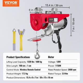 VEVOR 1320 lbs. Electric Chain Hoist 1150 Watt 110V Electric Steel Wire Winch with Wireless Remote Control DD1320LBS52FTNHNXV1