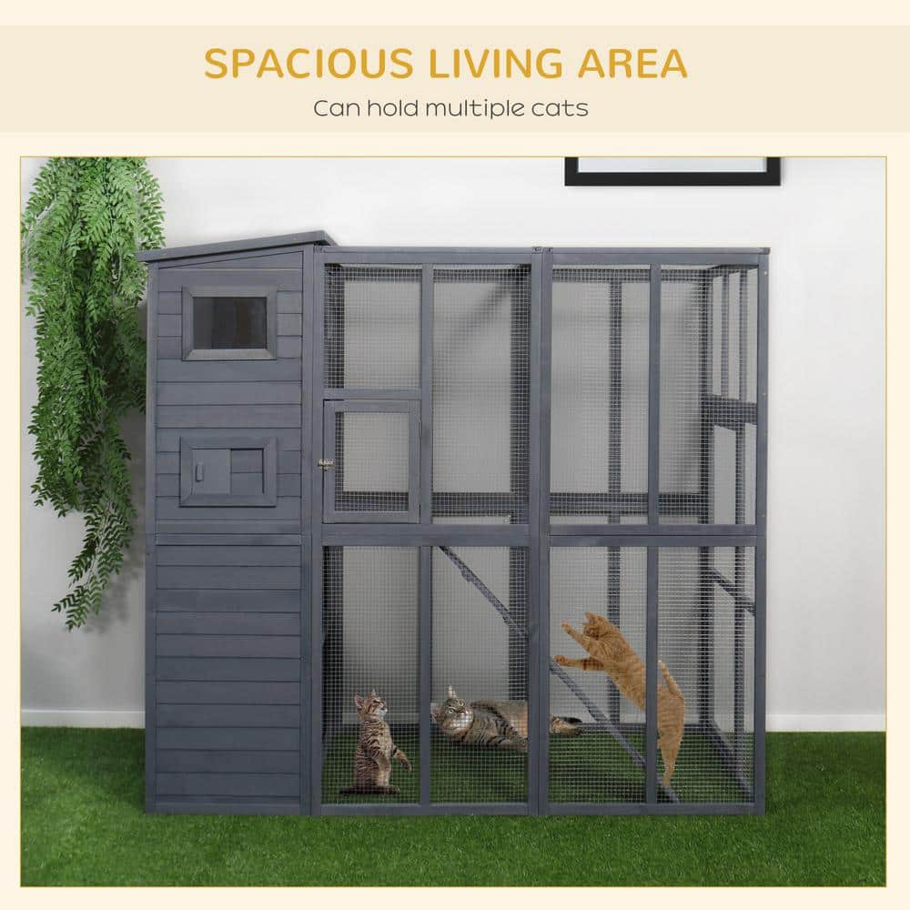 PawHut 77 in. x 37 in. x 69 in. Grey Cat House Outdoor Catio Kitty Enclosure with Platforms Run Lockable Doors and Asphalt Roof D30-237V00GY