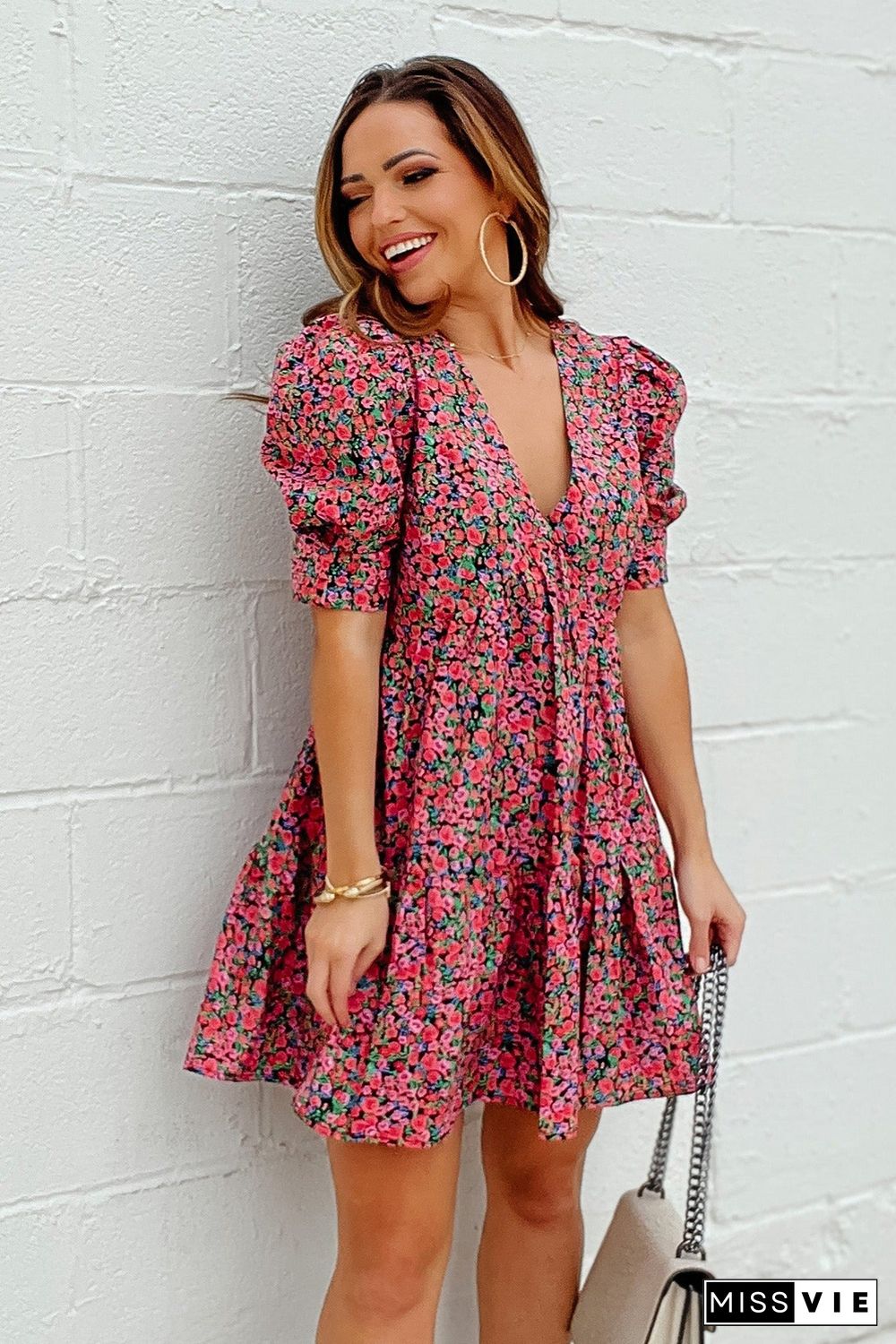 Red Vintage Puff Sleeve Side Pockets Floral Dress