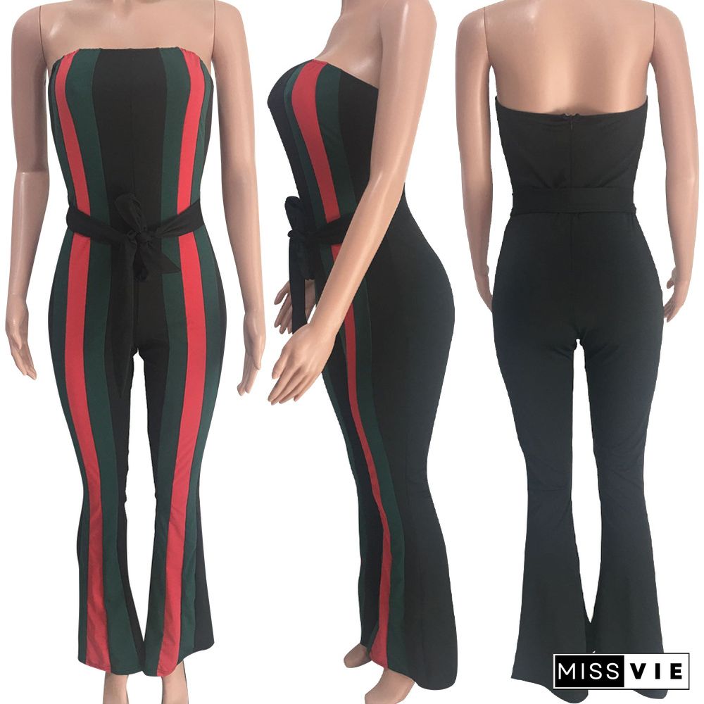 Sexy Stripe Mosaic Chest Wrap Jumpsuit With Belt