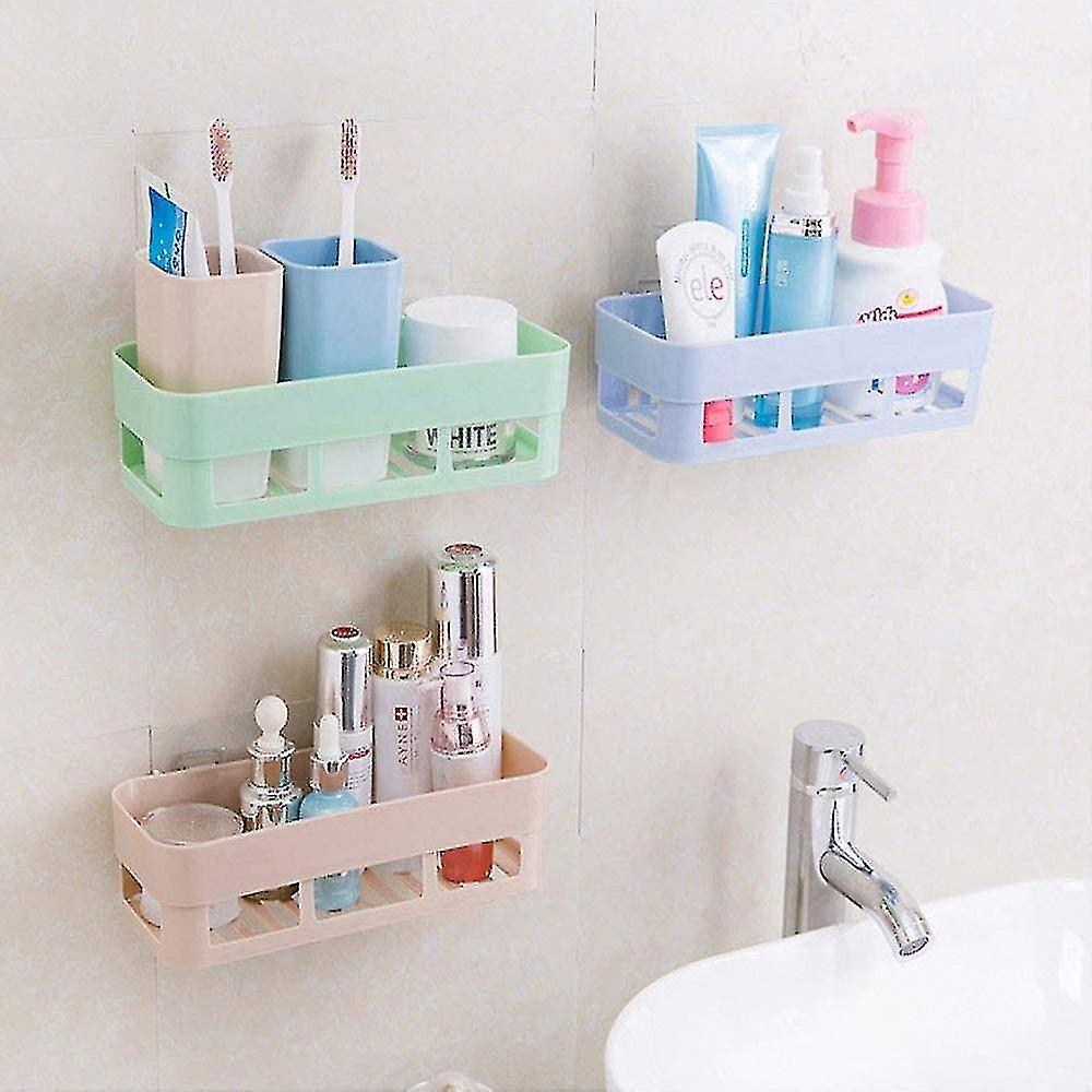 3 Pcs Bathroom Storage Shelves， Self Adhesive Rustproof Rectangular Baskets， No Drilling Shower Shelf Compatible With Shampoo Soap (light Blue， Light