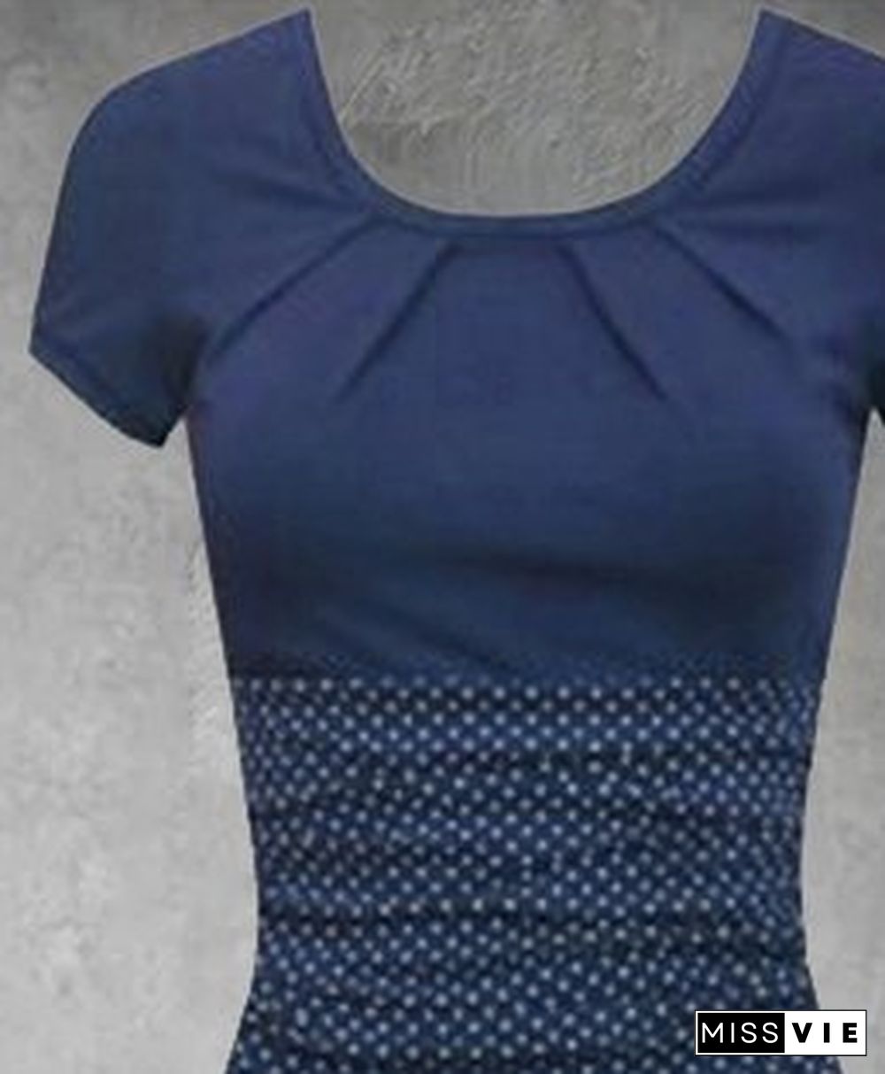 Deep Blue Knitted Short Sleeve Polka Dots Knitting Dress