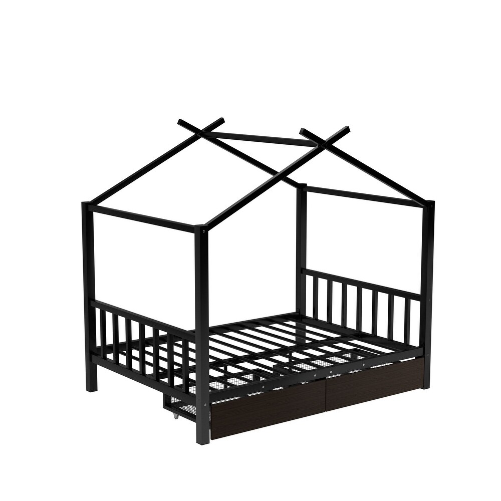 Full Size Metal House Platform Bed with Headboard and Footboard Roof Design Two Drawers Safe Guaranteed