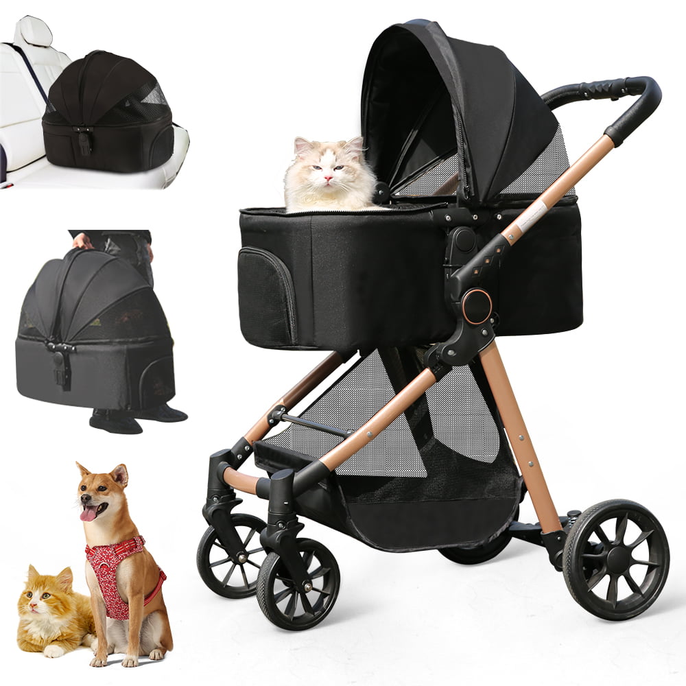 B.Childhood Pet Stroller for Medium Small Dog/Cat with Storage Basket，Black