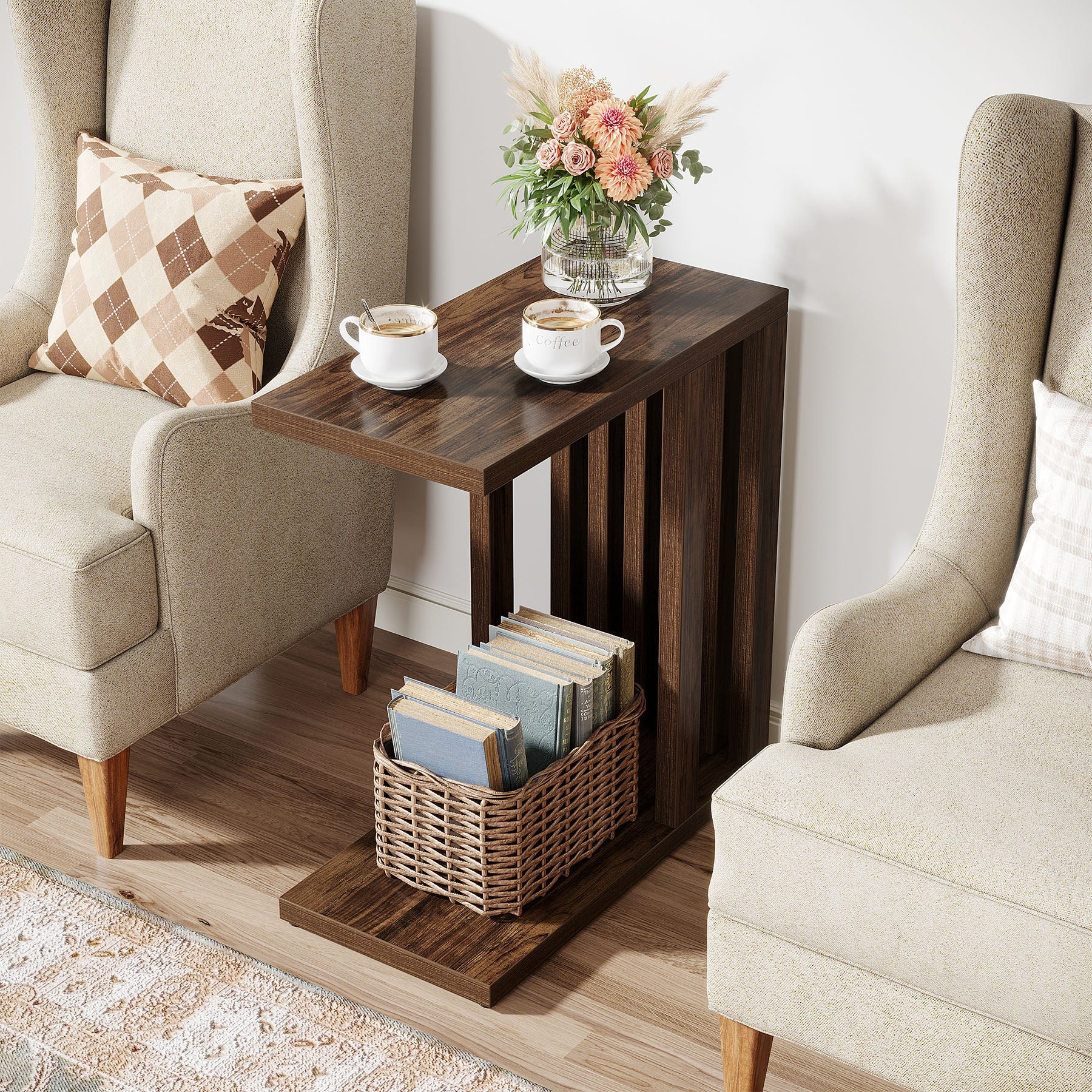 2-Tier End Table, Modern C-Shaped Side Table