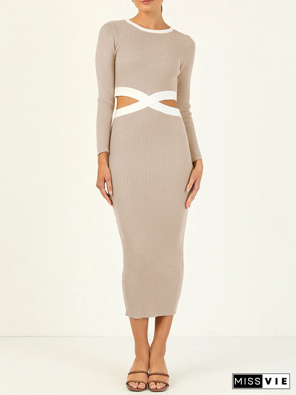 High Waisted Long Sleeves Hollow Round-Neck Midi Dresses