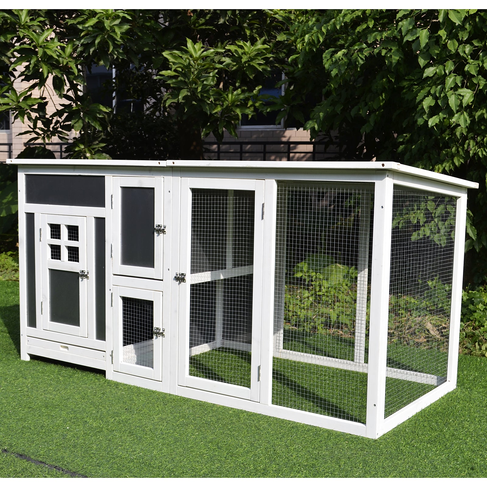 32” Wood Large Indoor Outdoor Hutch with Run - Grey and White