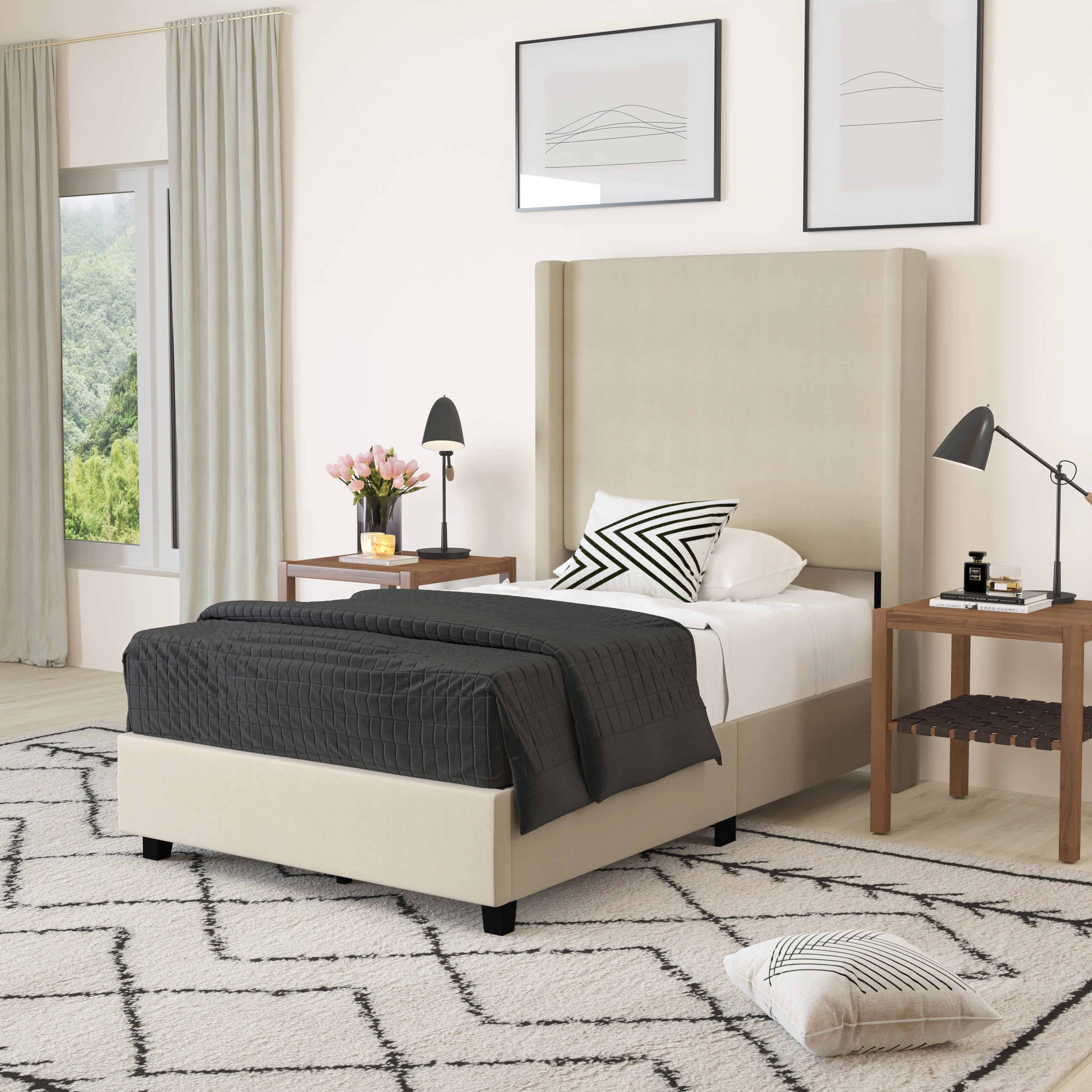 Merrick Lane Modern Twin Size Platform Bed Frame with Padded Faux Linen Upholstered Wingback Headboard and Wood Support Slats in Beige