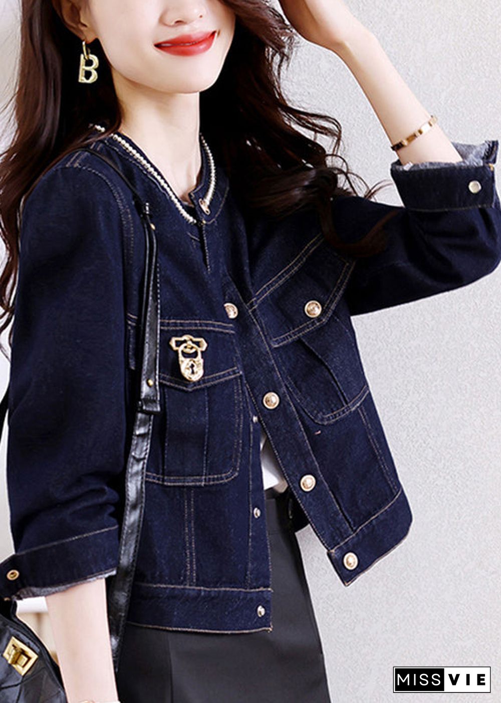 Novelty Dark Blue Patchwork Button Denim Coats Fall