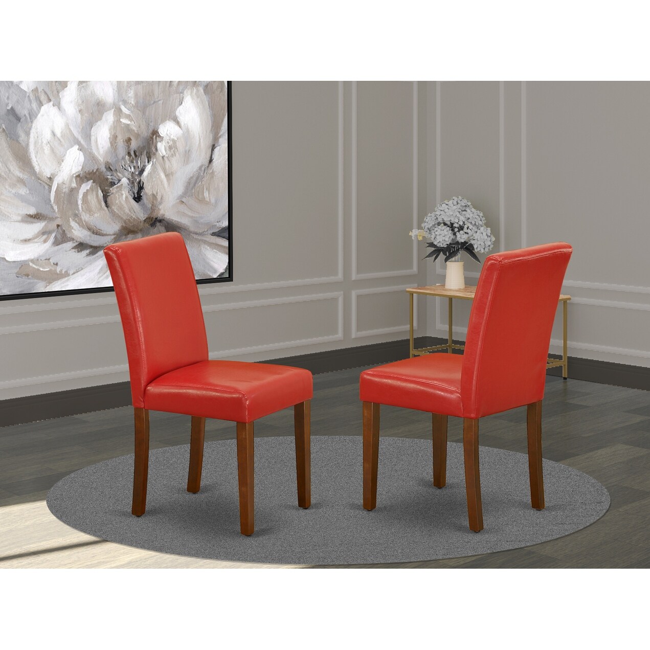 East West Furniture Abbott Parson Chair with Mahogany Leg and Pu Leather Color Firebrick Red - Set of 2 - - ABP3T72