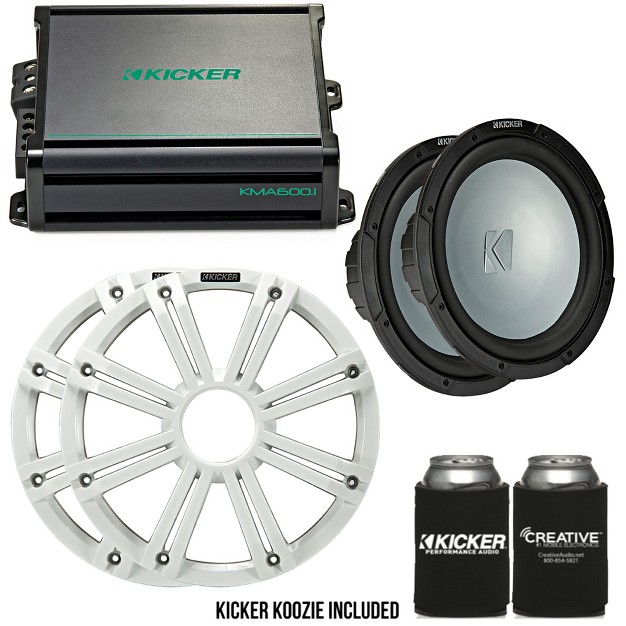 Kicker Two 12 Inch Led Marine Subwoofers In White 1 Pair With 600 Watt Amplifier Bundle