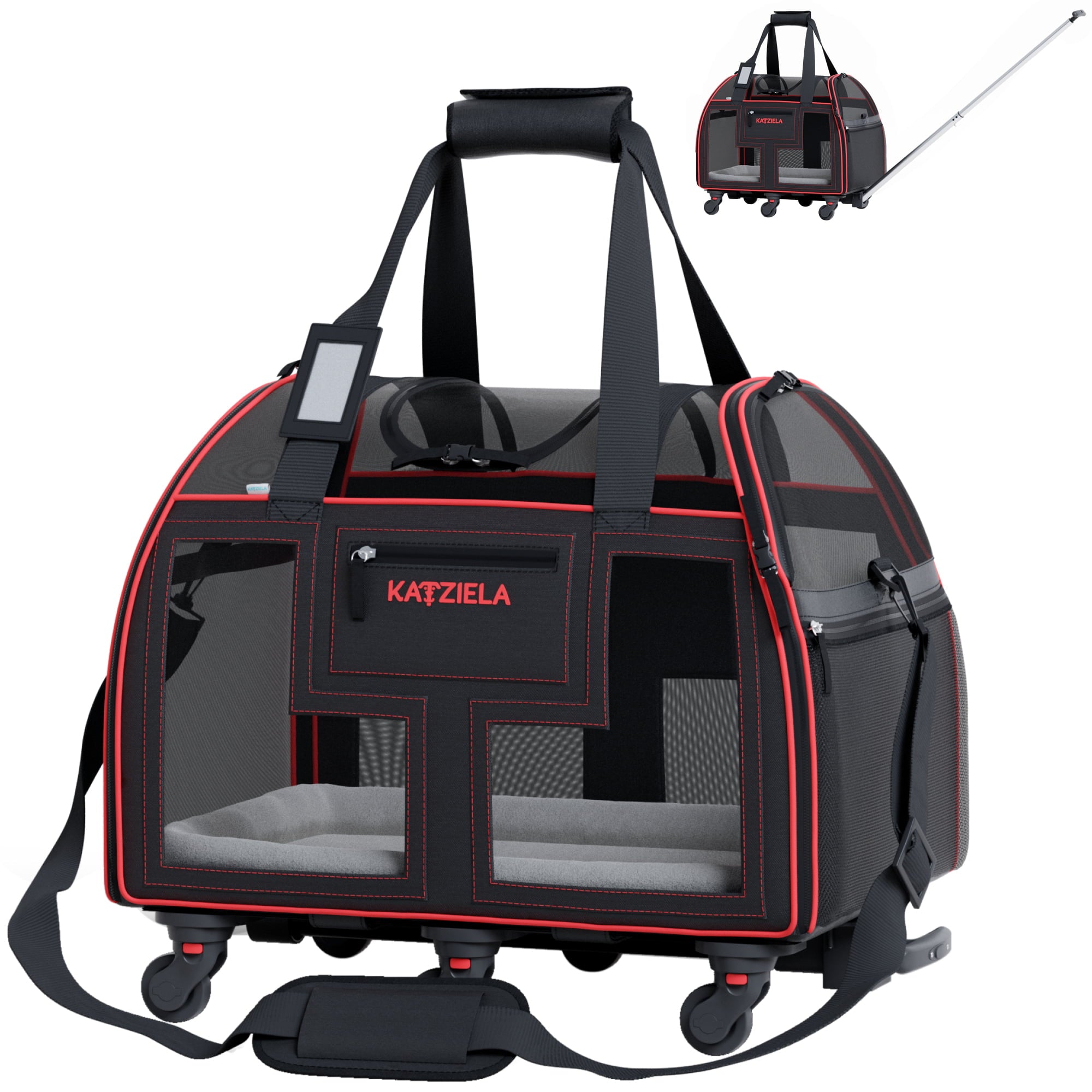 Katziela Luxury Lorry Pet Carrier with Removable Wheels - Telecopic Handle - Airline Approved (Black/Red)