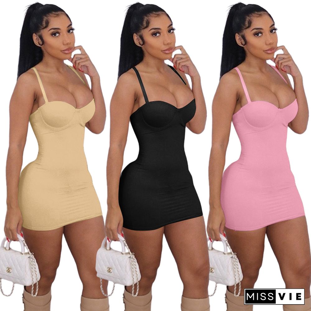 Solid Spaghetti Strap High Waist Bodycon Mini Dress