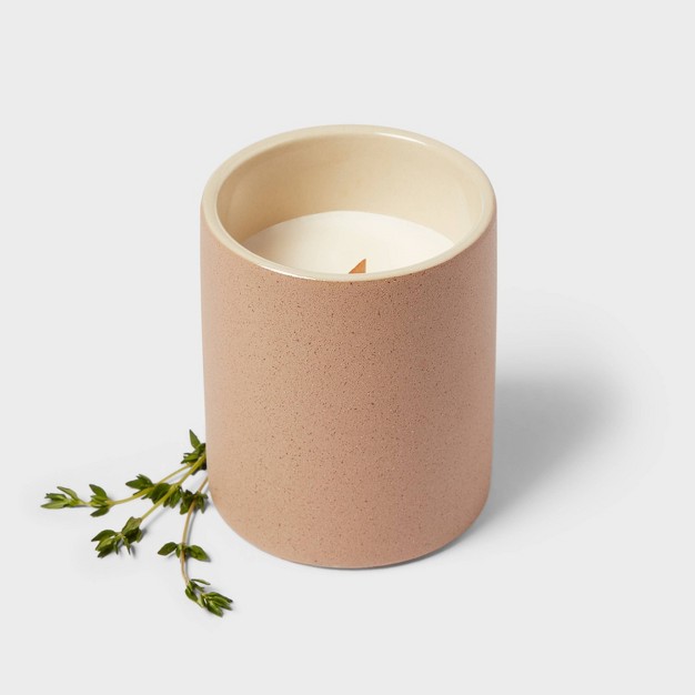 6oz Matte Textured Ceramic Wooden Wick Candle Brown White Sage And Thyme