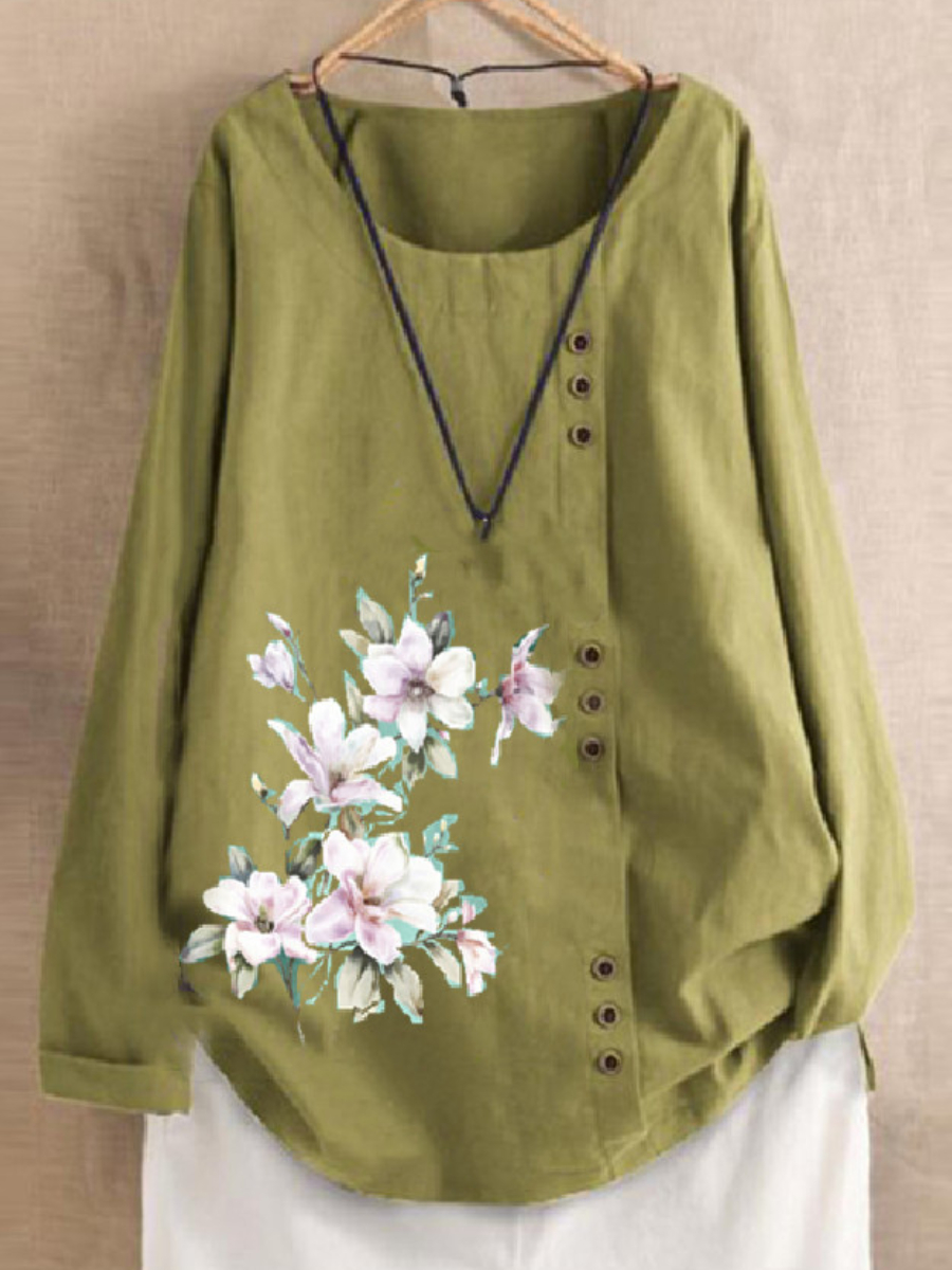 Casual Vintage Floral Print Crew Neck Long Sleeve Blouse