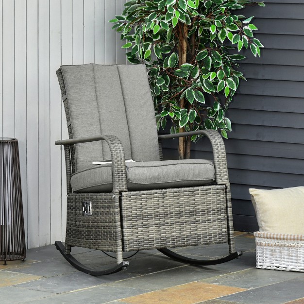 Outsunny Outdoor Rattan Wicker Rocking Chair Patio Recliner With Soft Cushion Adjustable Footrest Max 135 Degree Backrest