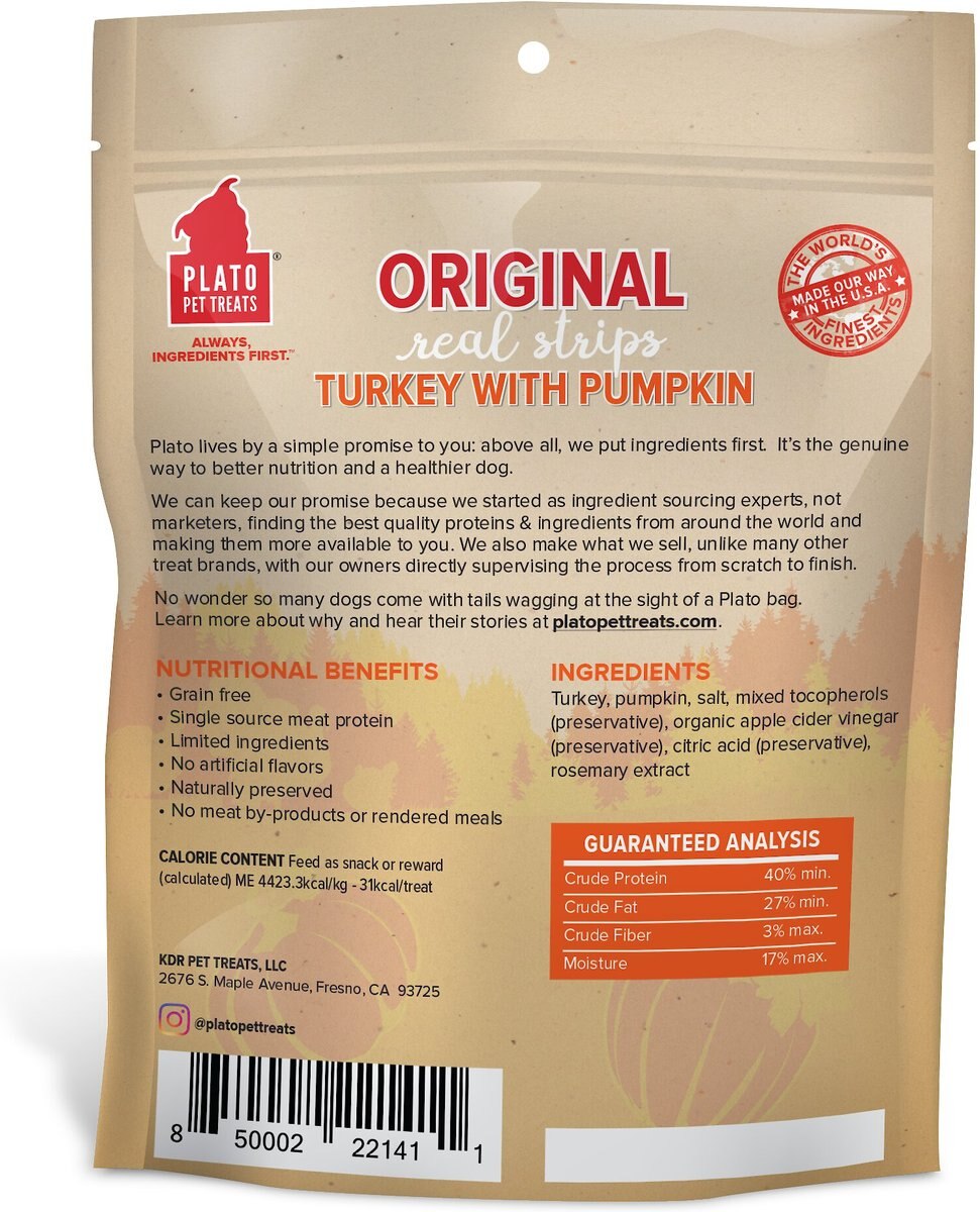 Plato Original Real Strips Turkey and Pumpkin Recipe Grain-Free Dog Treats