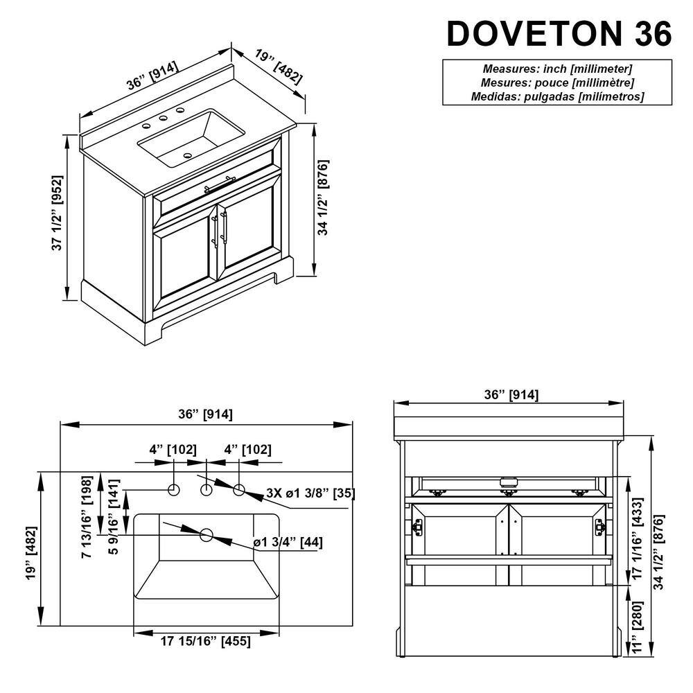 Home Decorators Collection Doveton 36 in. W x 19 in. D x 34.50 in. H Freestanding Vanity in White with White Engineered Stone Top Doveton 36W